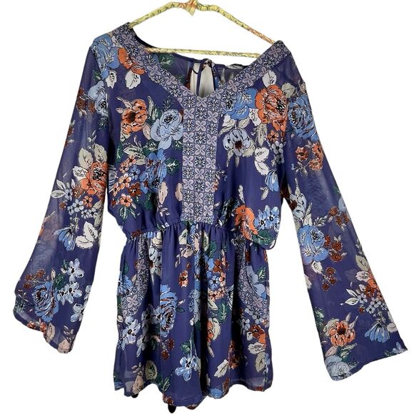 O'Neill Dark Floral Romper Shortall Size Med 1 Piece Blouson Romantic Boho Blue - Picture 1 of 16